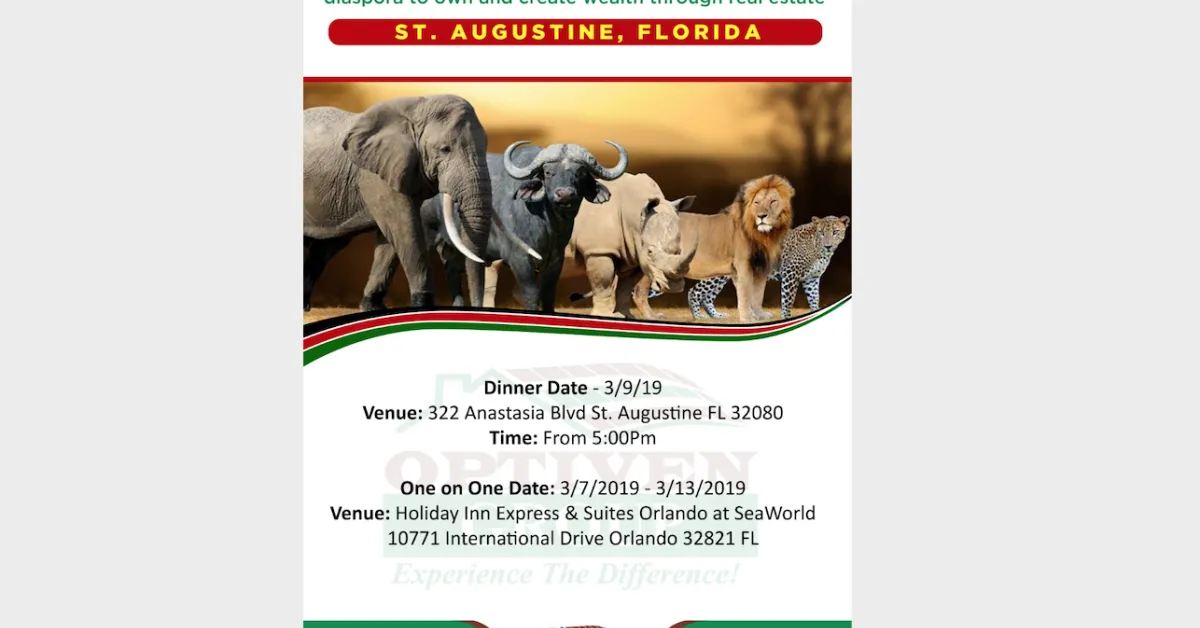 Kenya Real Estate Firm Optiven to Visit St Augustine, Florida from March 7th to March 13th, 2019
