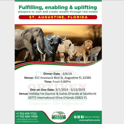 Kenya Real Estate Firm Optiven to Visit St Augustine, Florida from March 7th to March 13th, 2019