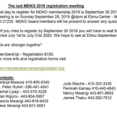 Maryland Kenyans Organization Final Registration Meeting: Sunday, September 29th, 2019