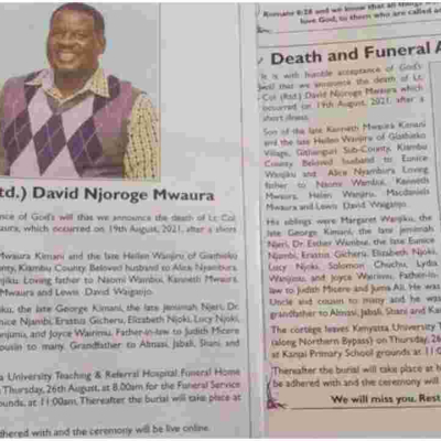Kiambu Family Divided on Deceased Kin’s Marital Status, Places Two Parallel Obituaries in Newspaper 