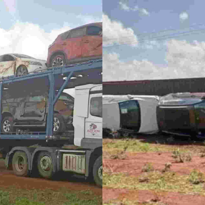 Car Importer Counting Huge Loses as Vehicle Carrier Overturns on Nairobi-Mombasa Highway  